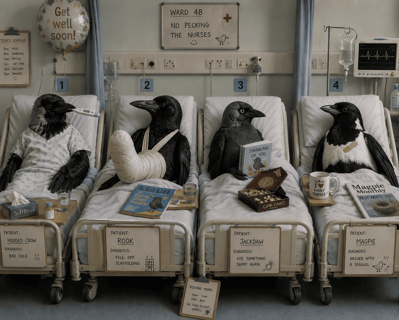 Corvids recovering in hospital beds