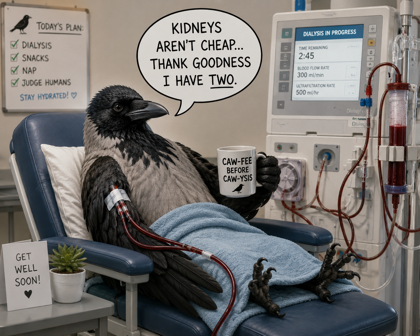 Hooded crow in a humorous kidney dialysis illustration